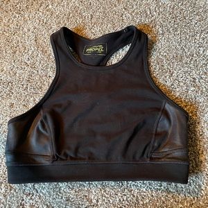 Black high neck sports bra.